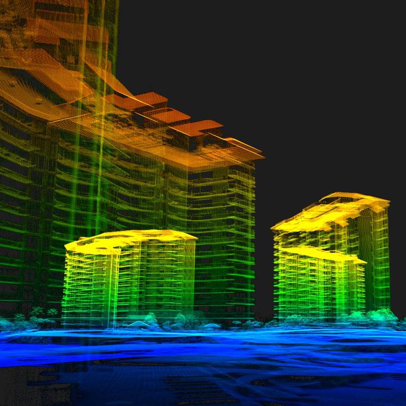 X-ray elevation shaded LiDAR point cloud of an occupied coastal condominium complex