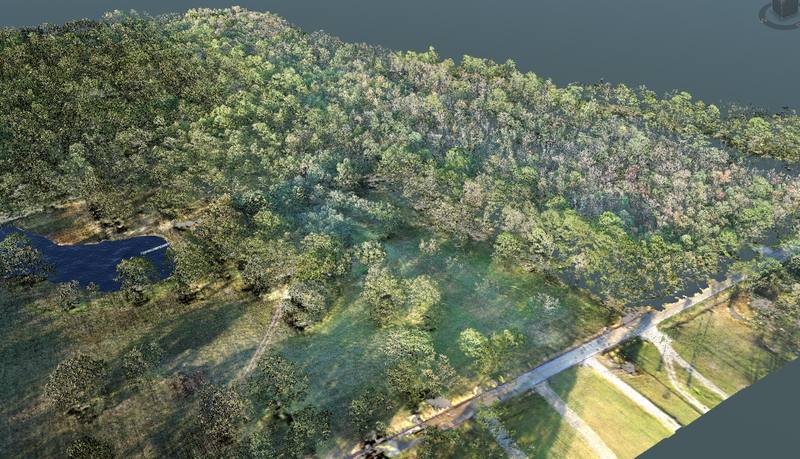 Colorized LiDAR point cloud of a roadway corridor and adjacent parcels