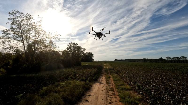 Aircraft flying an agricultural LiDAR scan at last light