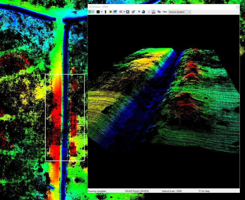 Classified LiDAR data showing ground separated from vegetation
